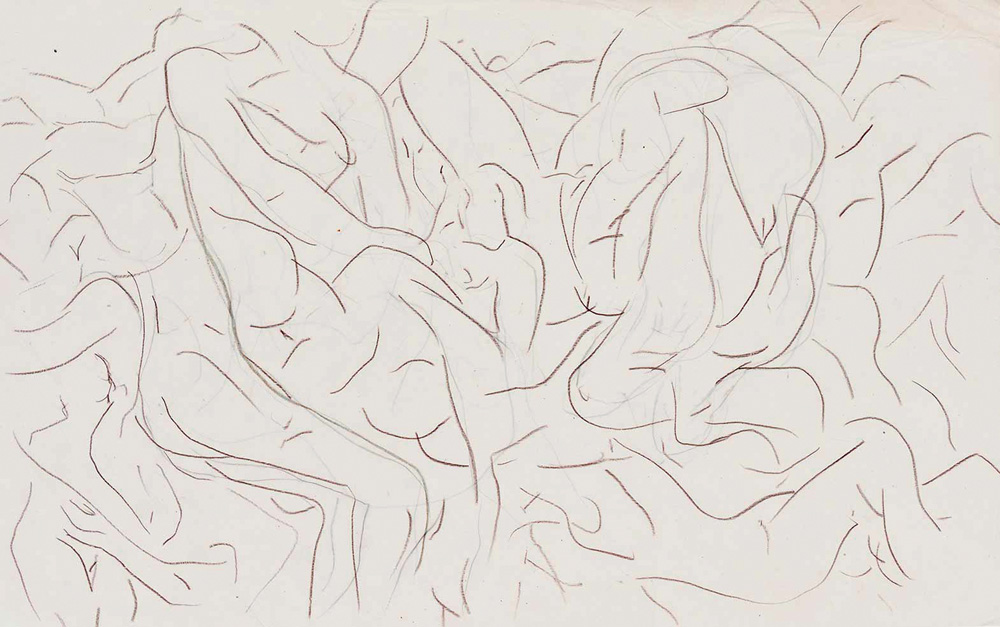 Desenho de traços pretos que lembram silhuetas humanas em um fundo branco.