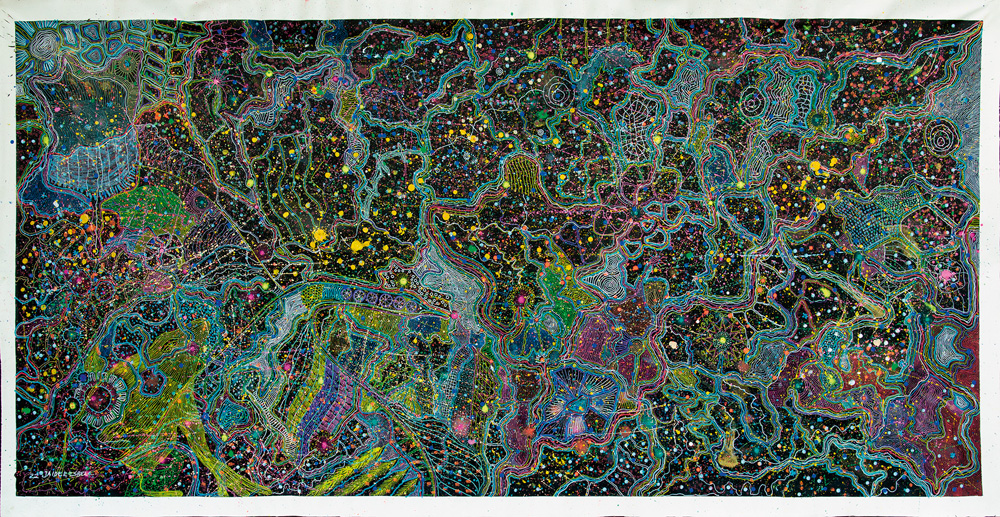 Obra de Jaider Esbell. Um fundo preto contém várias linhas e pontos azuis, amarelos, vermelhos, roxos e cor-de-rosa. A pintura é abstrata e lembra um céu estrelado.