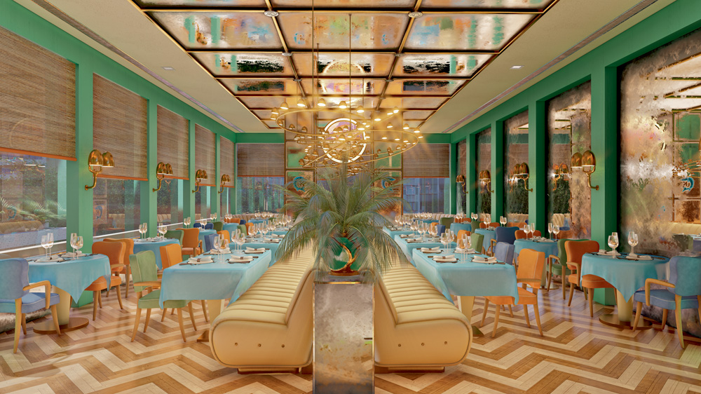 Foto mostra projeto de um restaurante. Mesas azuis, algumas paredes verdes e o chão geométrico