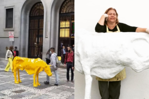 Vaca magra: intervenção urbana é instalada em frente à Bolsa de Valores