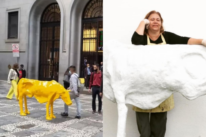 Vaca magra: intervenção urbana é instalada em frente à Bolsa de Valores. Ao lado, a artista responsável