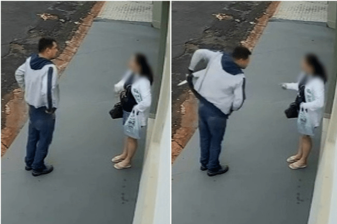 A imagem mostra um homem conversando com uma mulher na calçada e, na imagem seguida, aparece sacando uma faca do bolso