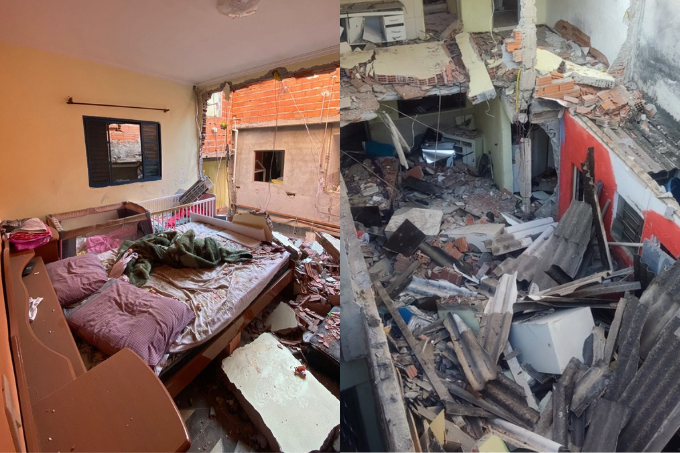 Duas imagens, à esquerda, um quarto repleto de escombros com uma parede desabada. À direita, um conjunto de escombros.