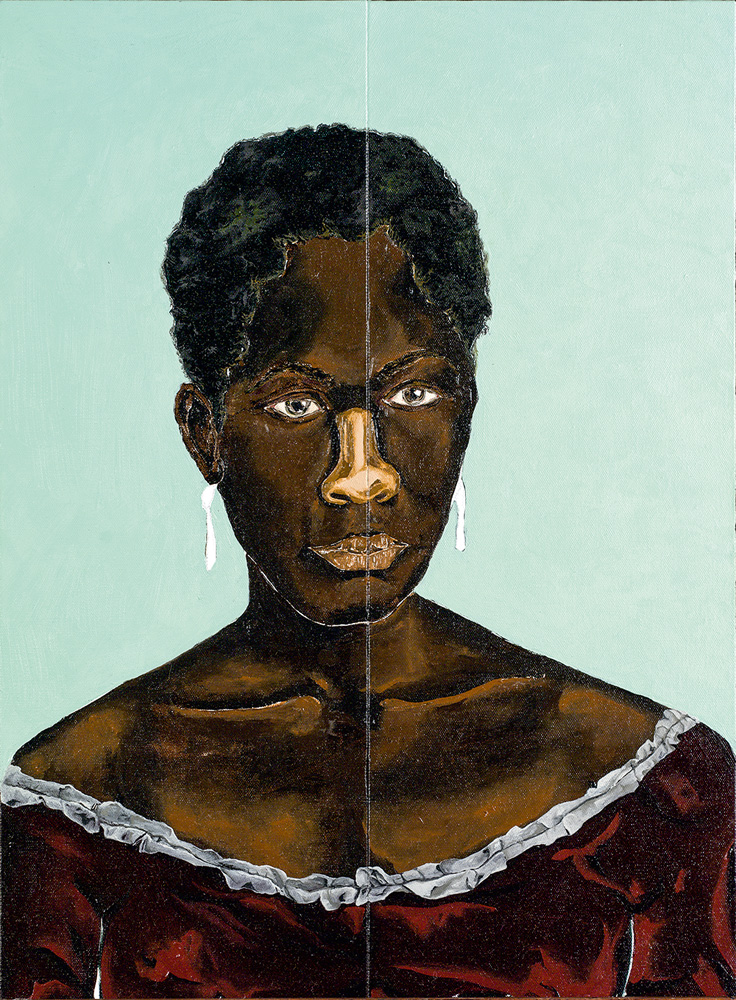 Imagem mostra pintura de mulher preta sobre fundo verde-claro.