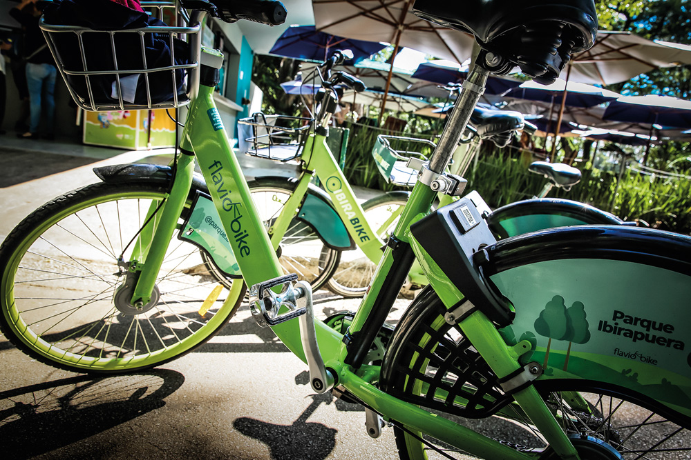 Imagem mostra bicicletas verdes com adesivo escrito "Flavio Bikes".