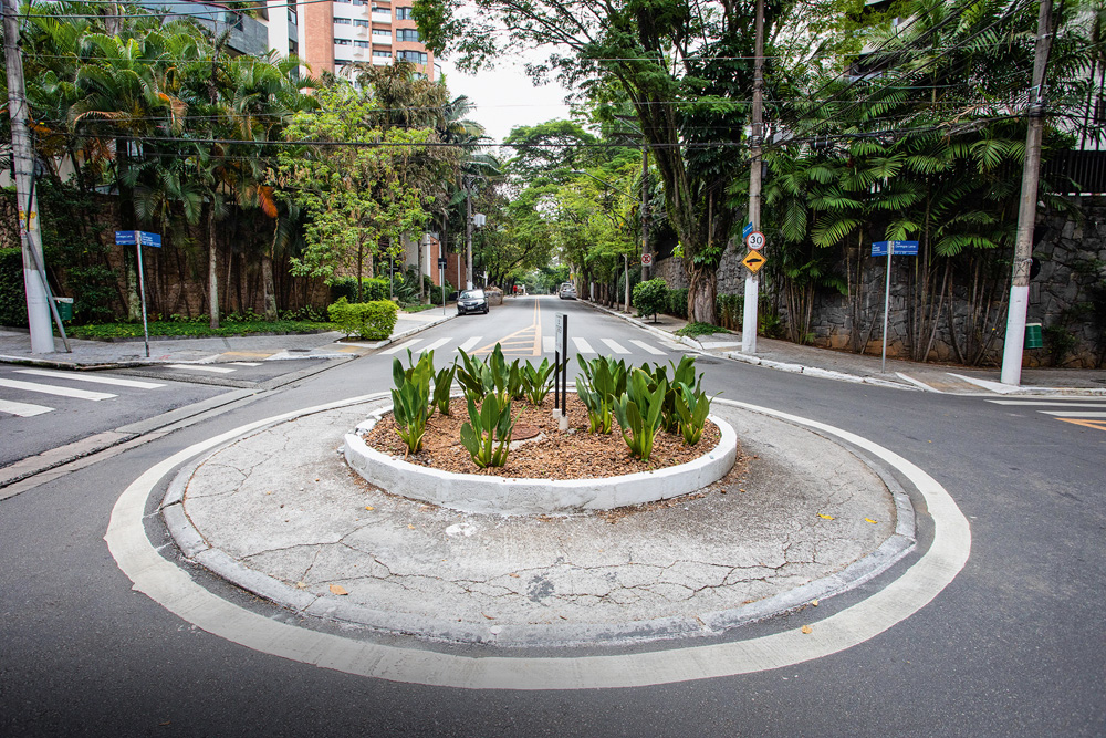 M2 mais caro SP Imagem mostra rotatória com canteiro e plantas ao centro.