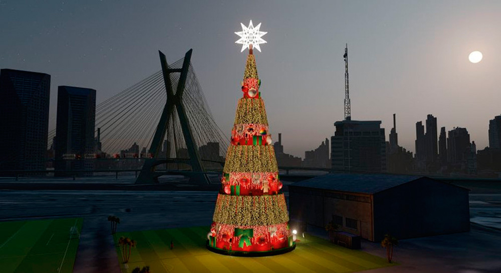 Projeção mostra uma árvore de Natal gigante toda iluminada, de noite, e a Ponte Estaiada ao fundo