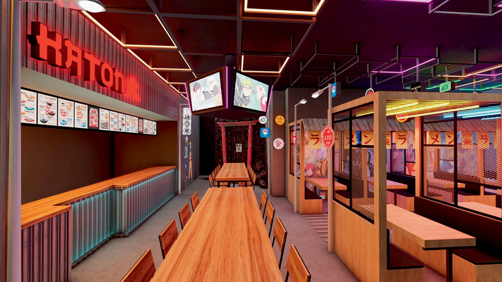 Foto mostra projeto de restaurante. Há mesas de madeira ao centro e nos lados. Luz baixa e avermelhada