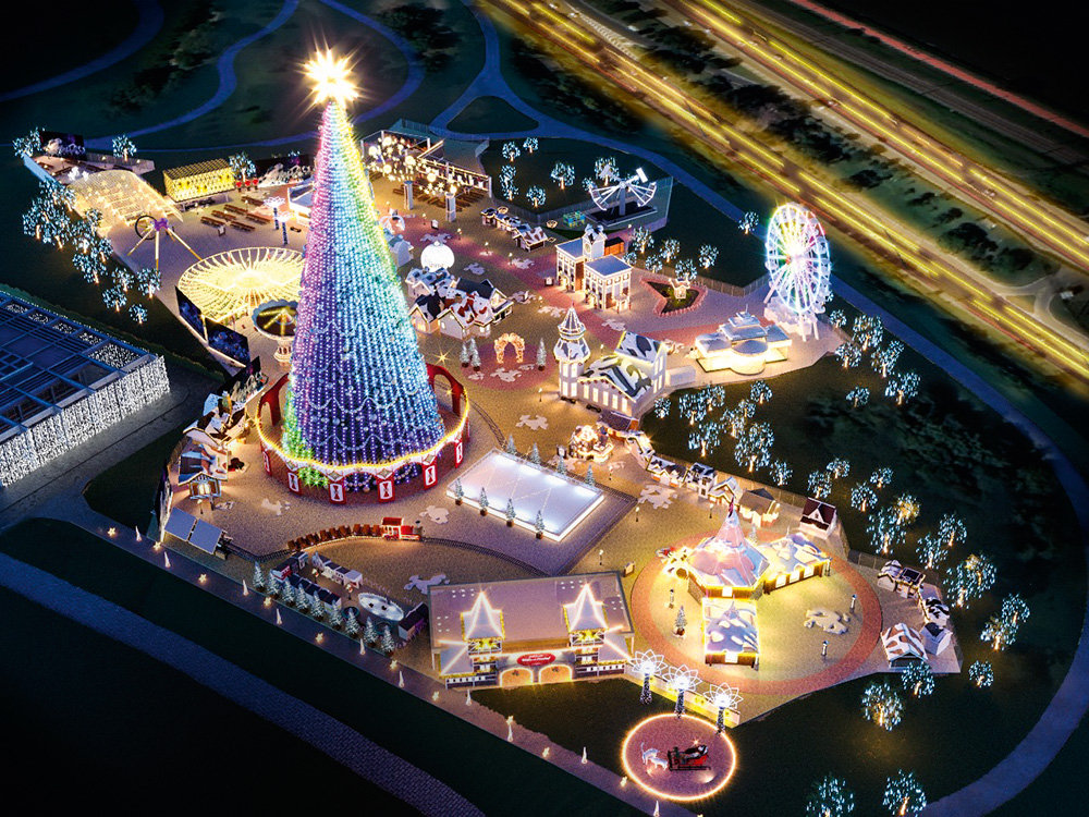Uma projeção 3D de um espaço natalino. Tem uma gigante árvore de natal, roda-gigante, brinquedos variados e outros espaços. Foto aérea
