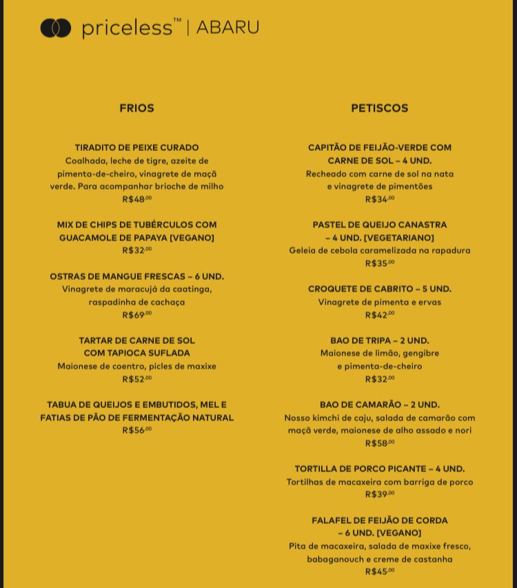 Priceless menu