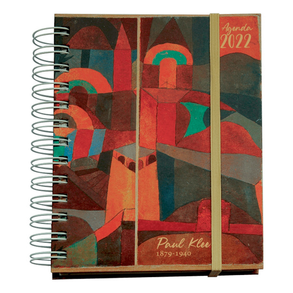 Uma agenda com uma pintura abstrata nas cores laranja, vermelha e verde