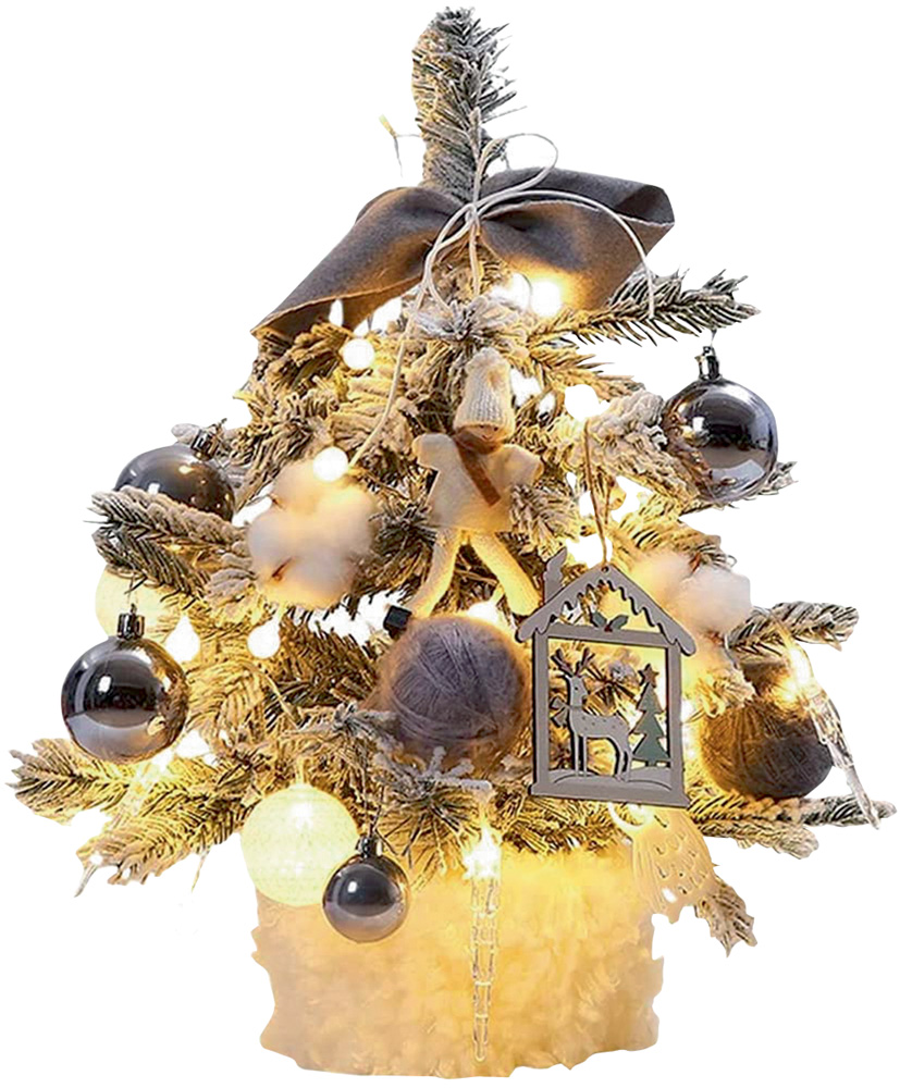 Uma mini árvore de Natal amarelada e com luzes também amarelados