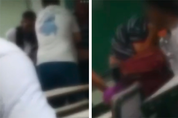 Montagem mostra dois frames de vídeo que exibe pai socando professor, acuando o homem contra a lousa de sala de aula