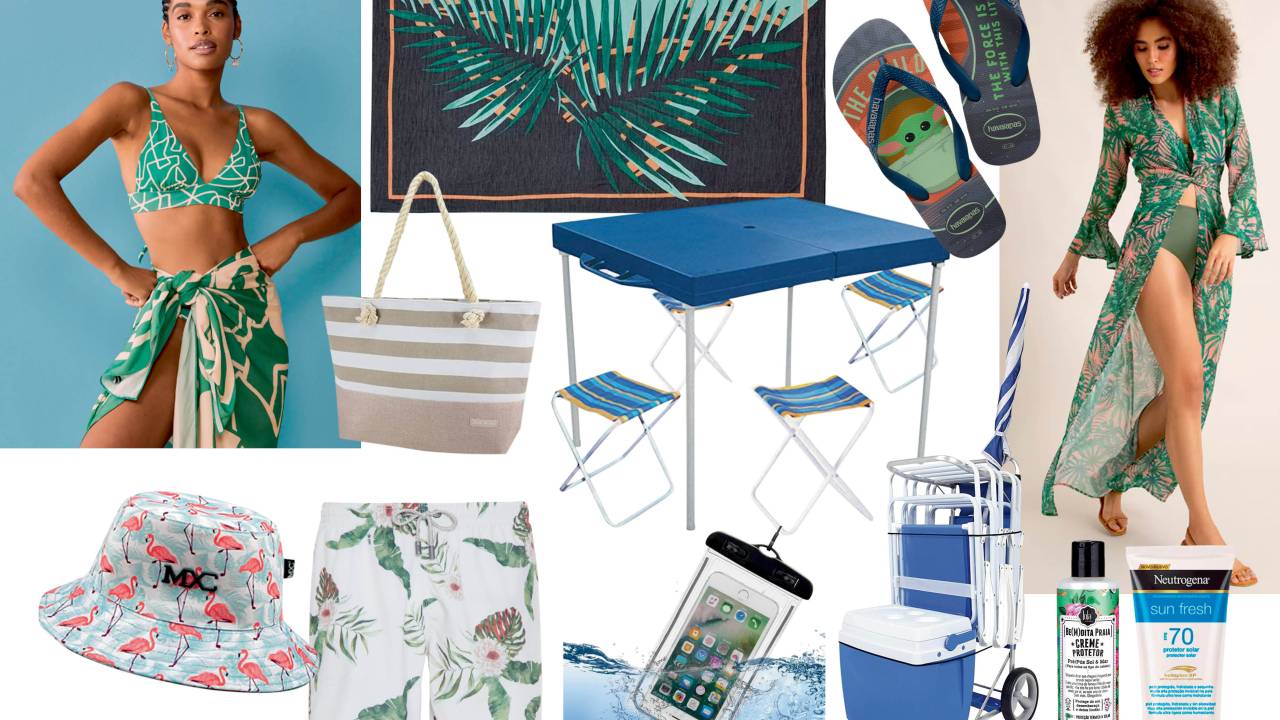 Uma seleção de itens de praia: canga, biquíni, chapéu, mesa, cadeira, capinha, carrinho, protetor solar etc