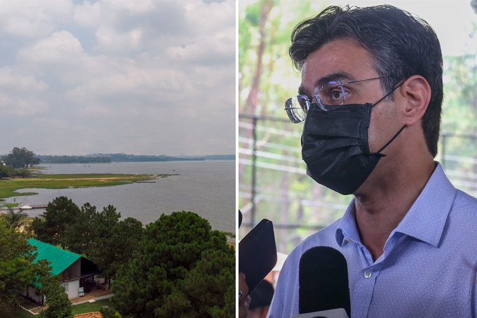 Duas imagens unidas por linha fina branca. À esquerda a represa Guarapiranga. À direita o governador Rodrigo Garcia de máscara sendo entrevistado.