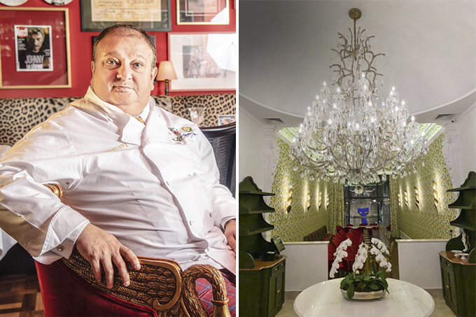 `Duas imagens unidas por linha fina branca: o chef Erick Jacquin sentado de dólmã à esquerda e o salão do restaurante Lvtetia com um enorme lustre de cristal ao centro à direita.