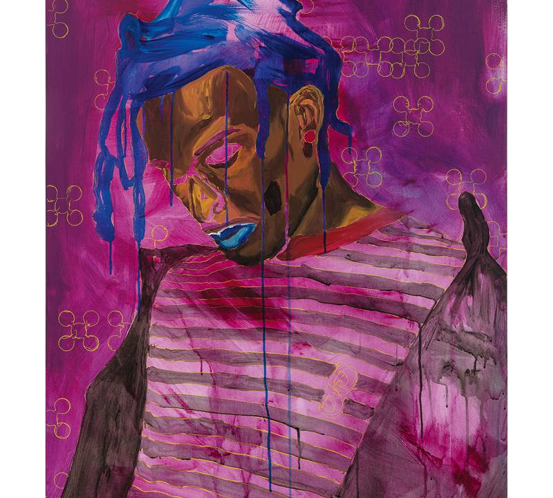 Tela de Bastardo com o retrato do rapper Playboi Carti. Ele aparece em tons de roxo e tem o cabelo azul. O fundo também é roxo.