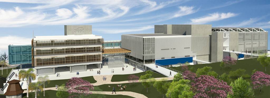 sesc pirituba Desenho digital mostra três edifícios, com área verde no entorno. 'Sesc' aparece escrito no topo de um deles