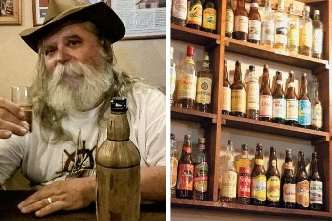 Montagem de duas fotos. À esquerda, homem com barba longa e branca segura um copo de dose de cachaça. À direita, algumas garrafas expostas em prateleiras na parede.