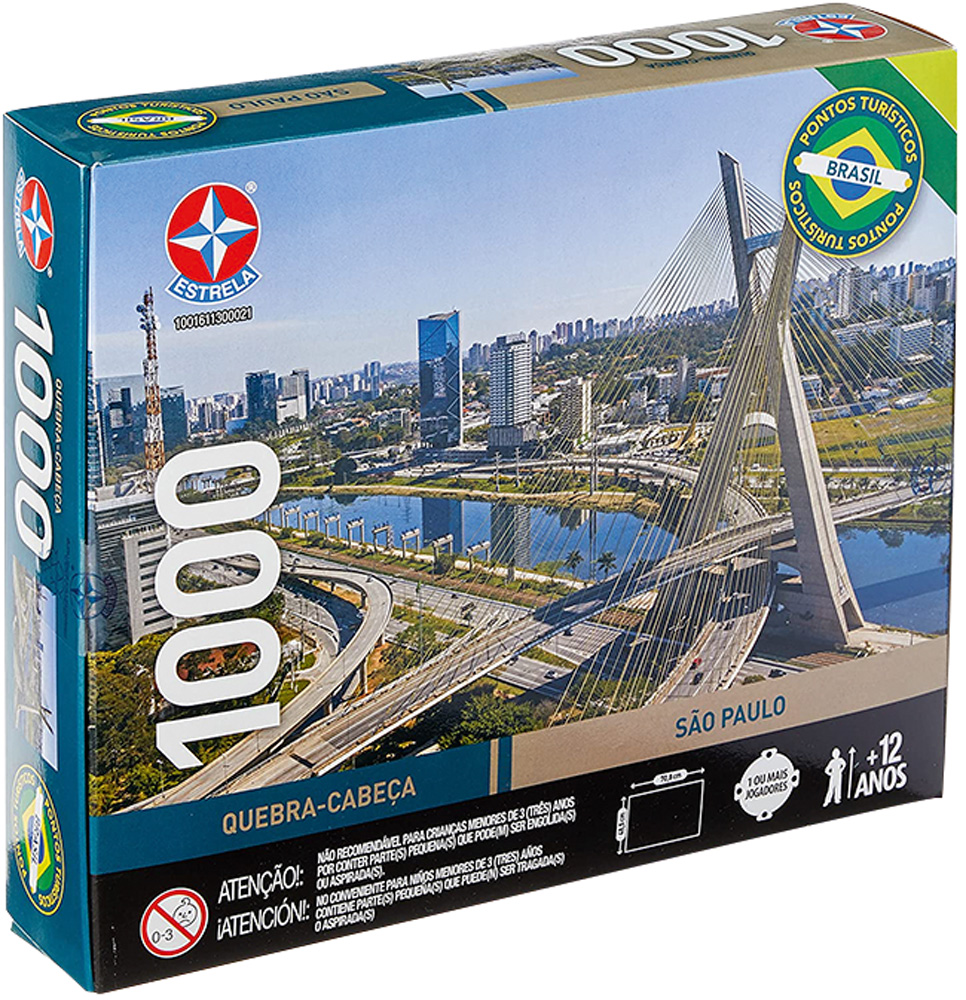 Uma caixa de quebra-cabeça de 1000 peças com a estampa da Ponte Estaiada.