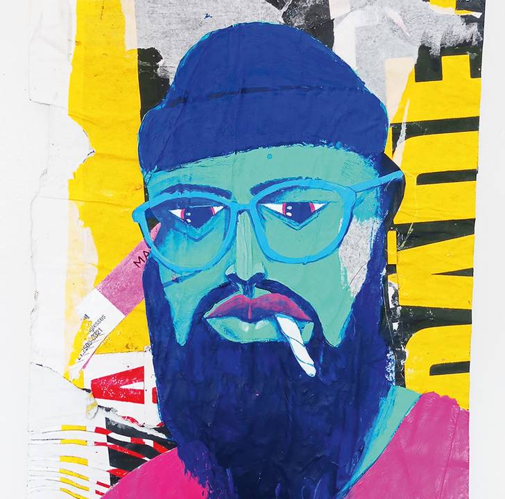 Pintura mostra homem negro em tons de azul. Ele usa um óculos, um gorro e fuma um cigarro. Fundo é predominantemente amarelo.