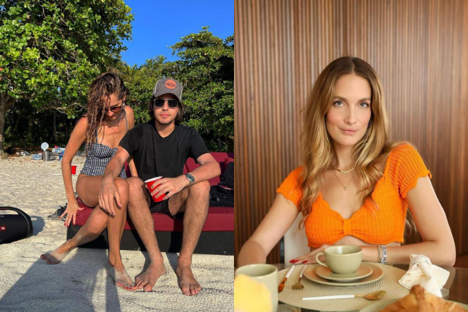 Duas imagens: à esquerda, um homem e uma mulher abraçados, na areia. À direita, uma mulher de vestido laranja em uma mesa de café da manhã