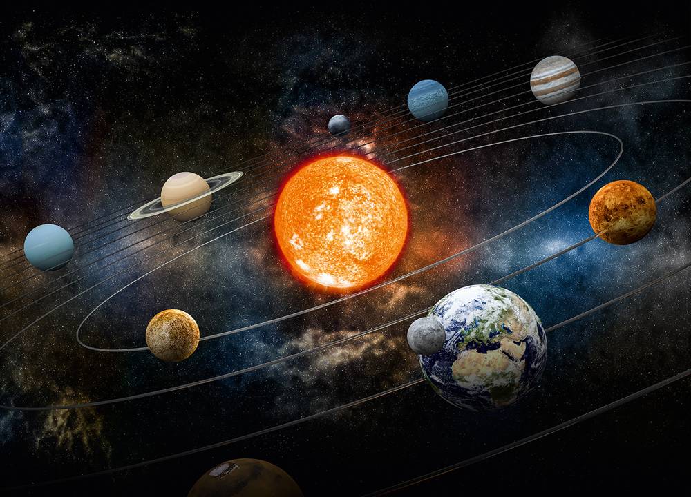 Imagem mostra esquema ilustrativo do sistema solar, com o Sol ao centro e os planetas em volta.