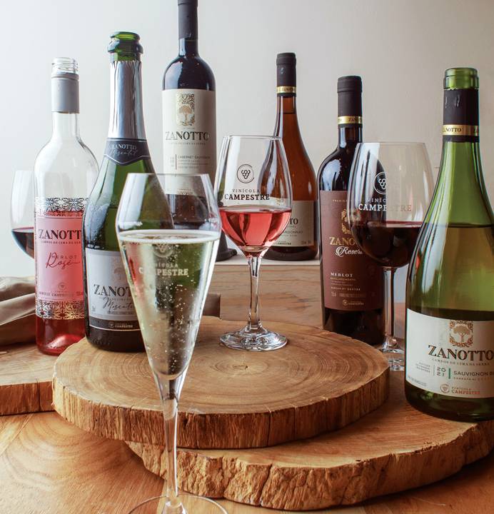 Garrafas de diferentes tipos de vinhos e três taças com vinho branco, rosé e tinto respectivamente