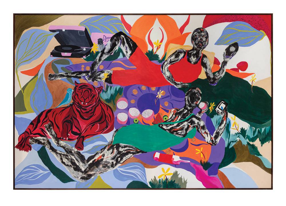 Pintura colorida mostra dois corpos negros envoltos por figuras de animais e plantas.