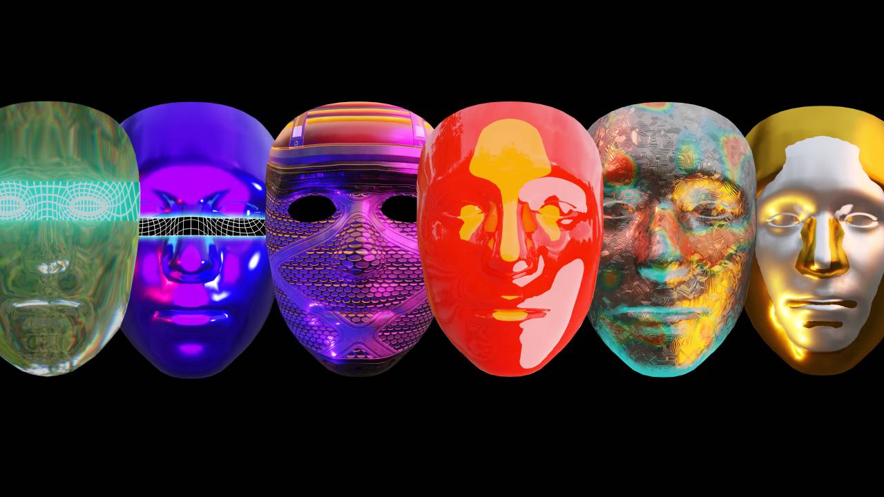 Seis máscara coloridas, uma do lado da outra, elas são usadas em um jogo de videogame instalado no Vale do Anhangabaú