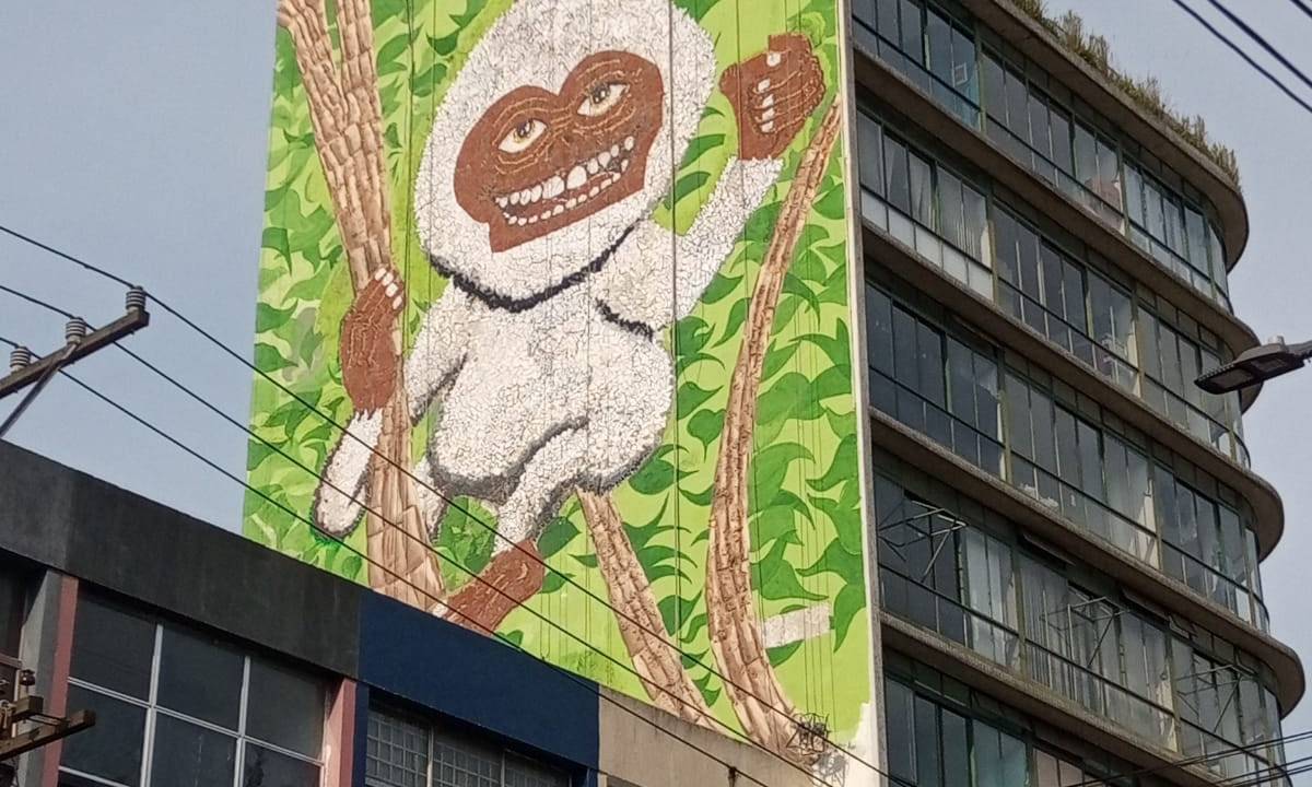 Lateral de prédio, onde há o desenho de um macaco: a obra pertence ao artista Subtu e ainda não foi finalizada, inauguração ocorre no dia 25 de janeiro, aniversário de São Paulo