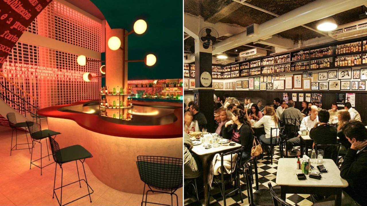 Duas imagens. À esquerda, um bar branco e marrom, com luzes em formato de globo. À direita, várias mesas lotadas de clientes em um bar.