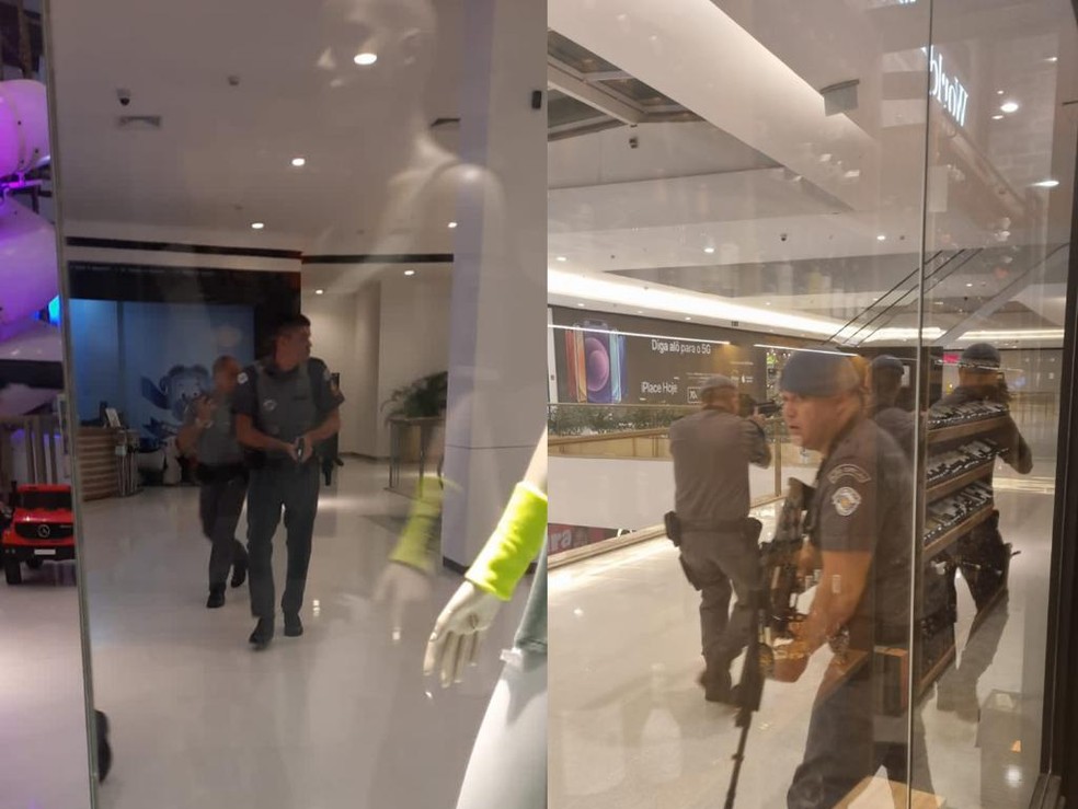 A imagem mostra policiais armados em shopping após assalto