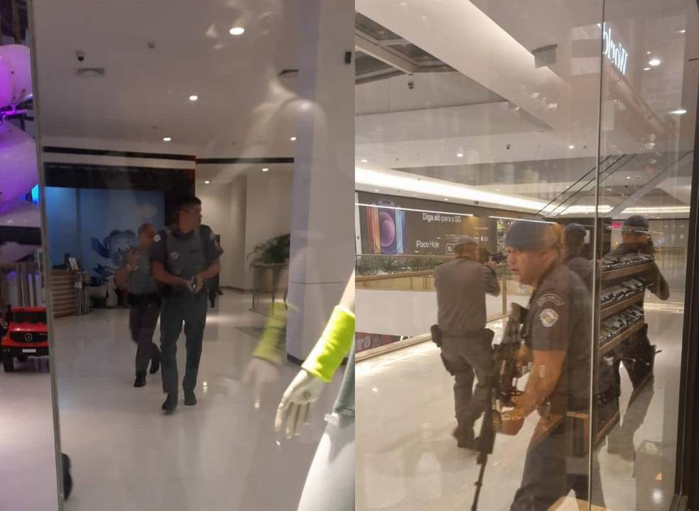 A imagem mostra policiais armados em shopping após assalto