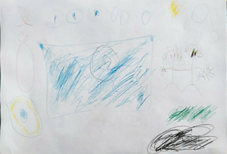 Desenho de uma criança que mostra o Sesc Bom Retiro.