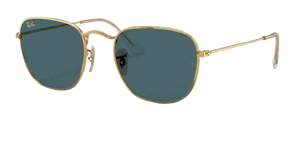Óculos de sol masculino com aro dourado e lente azul.