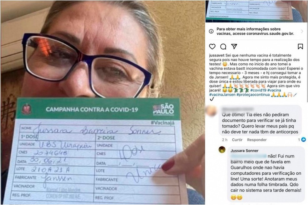 Imagem de veterinária segundo o certificado de vacinação e, ao lado, postagem que fez nas redes sociais dizendo que tomou três doses da vacina contra Covid-19