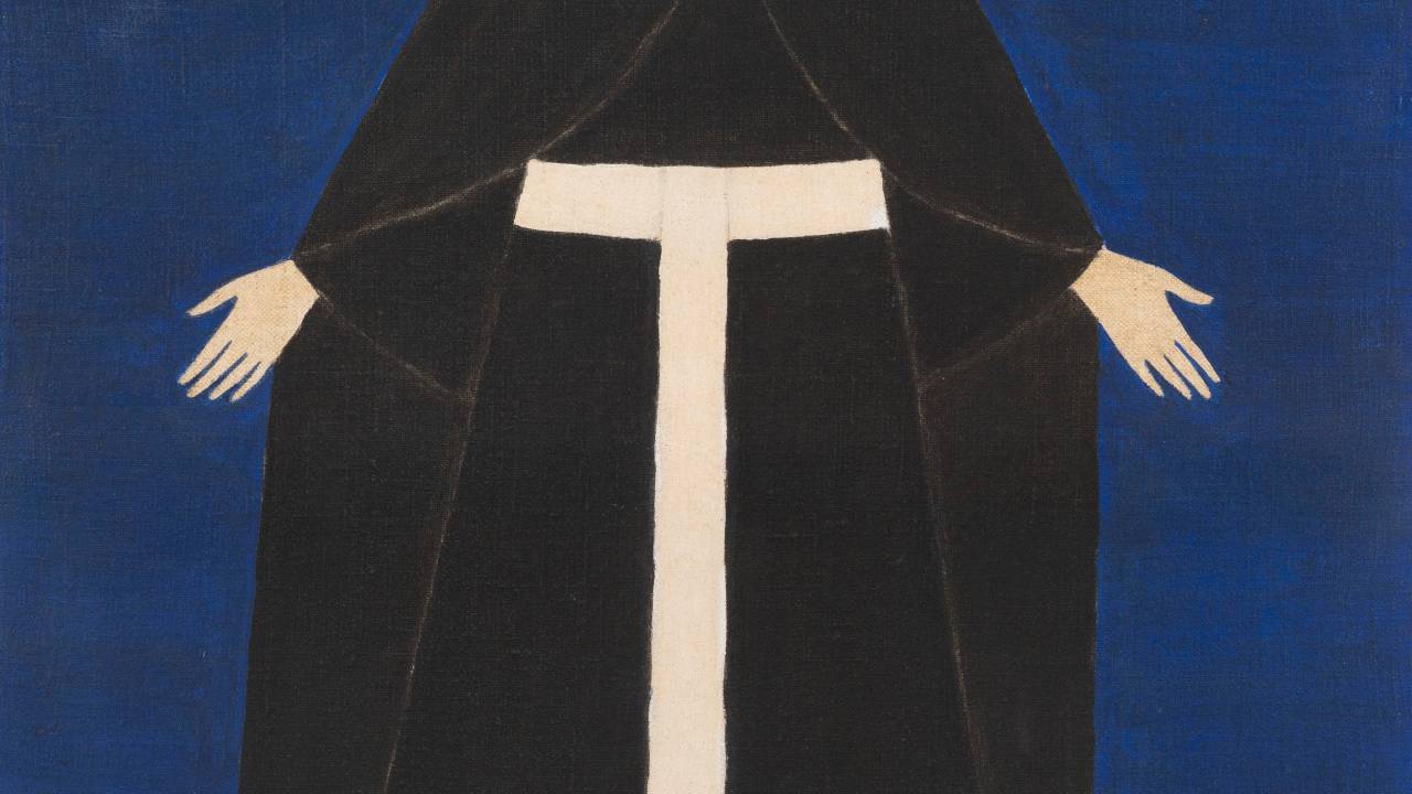 Tela azul, com uma santa ao meio, pintura de Alfredo Volpi