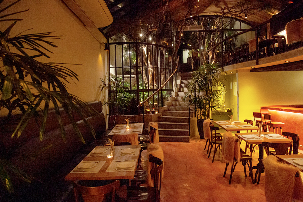 Salão de restaurante com escadaria e árvores no interior