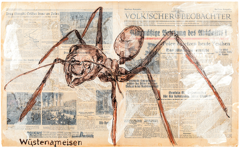 Um desenho de aranha sobrepõe jornais antigos.