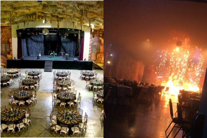 Duas imagens. À esquerda, um salão com diversas mesas redondas e um palco ao fundo. À direita, um salão escuro com um foco de incêndio ao fundo.