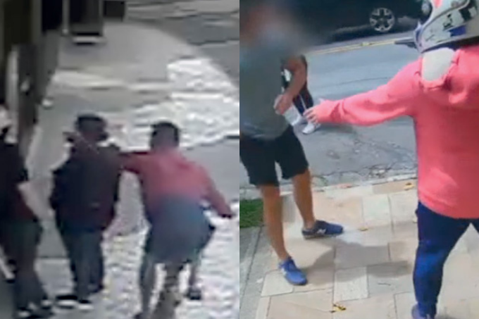 Duas imagens. À esquerda, um homem de bicicleta com a mão estendida sobre duas pessoas. À direita, um homem de casaco rosa apontando uma arma para um pedestre de camisa cinza.