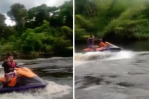 Duas imagens. À esquerda, um homem sorri enquanto dirige um jet ski. À direita, o mesmo jet ski na água, em velocidade.