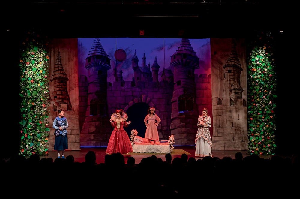 Quatro atrizes contracenam no palco. Uma princesa está no meio e ao seu lado estão Simone de Beauvior, Anália Franco e Elizabeth I