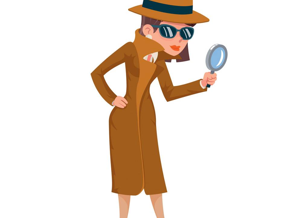 Ilustração de uma detetive de sobretudo marrom, óculos de sol e chapéu. Ela segura uma lupa em uma das mãos.