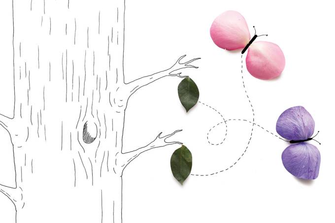 Conceptual butterflies emerging from chrysalis on a tree