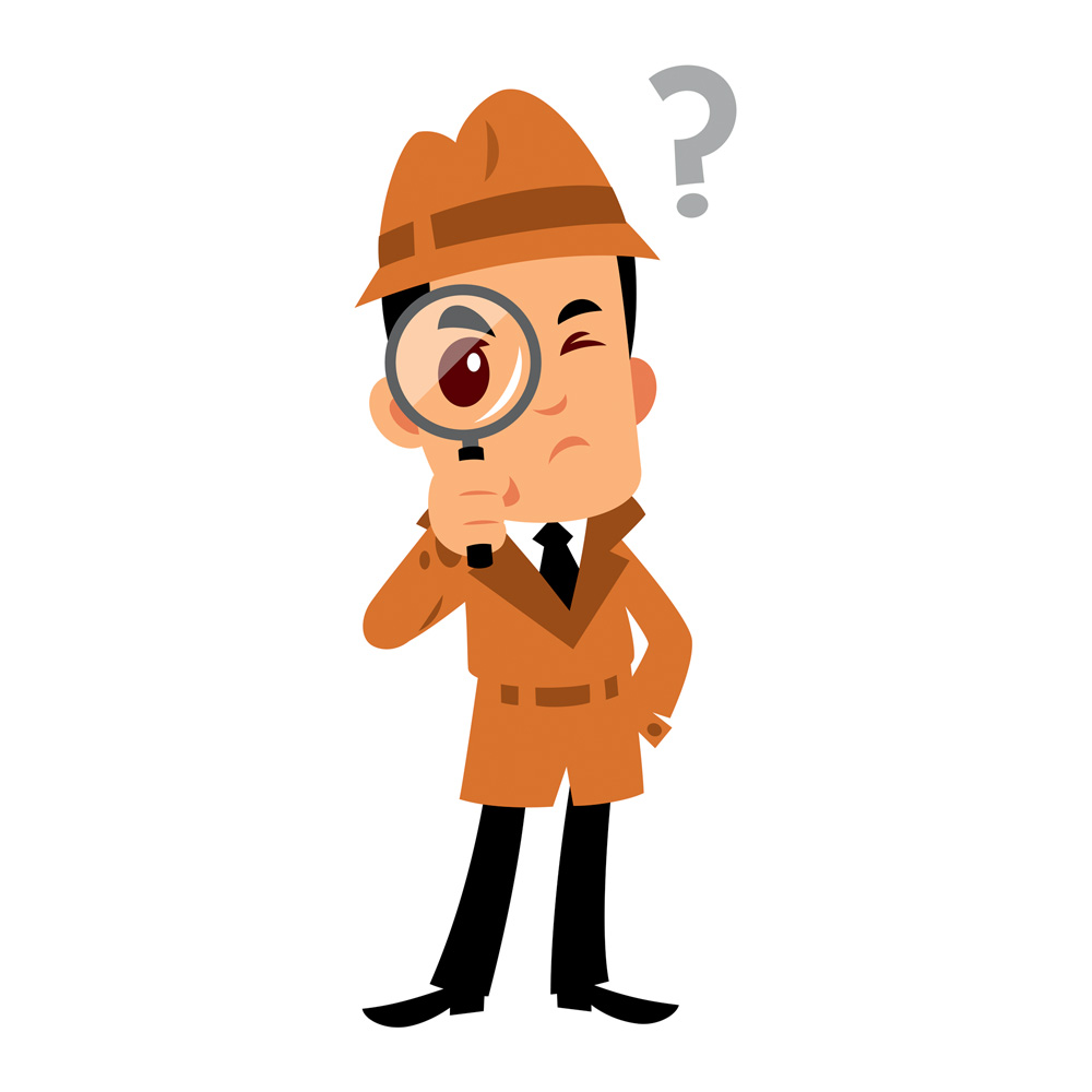 Vector drawing of a detevtive man Ilustração de um detetive segurando uma lupa em frente ao rosto. Há um ponto de interrogação ao lado.