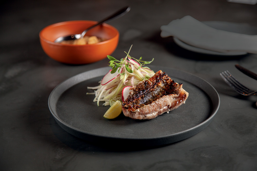 Sobre prato de cerâmica de cor preta, é servido um peixe branco de casca crocante junto de salada de chuchu, cebola-roxa, rabanete e folhas de coentro. Ao fundo, é possível ver também uma cumbuca de cor alaranjada.