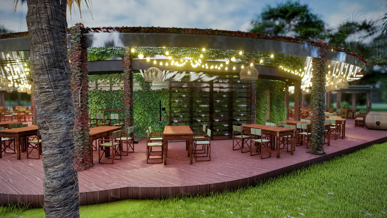 Foto do projeto do restaurante Selvagem, com mesas ao ar livre no Parque do Ibirapuera.