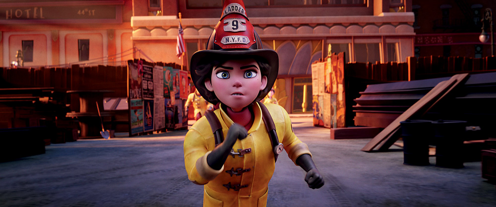 Frame da animação mostra Georgia, menina de 16 anos, vestida com uniforme de bombeiro e correndo até um incêndio